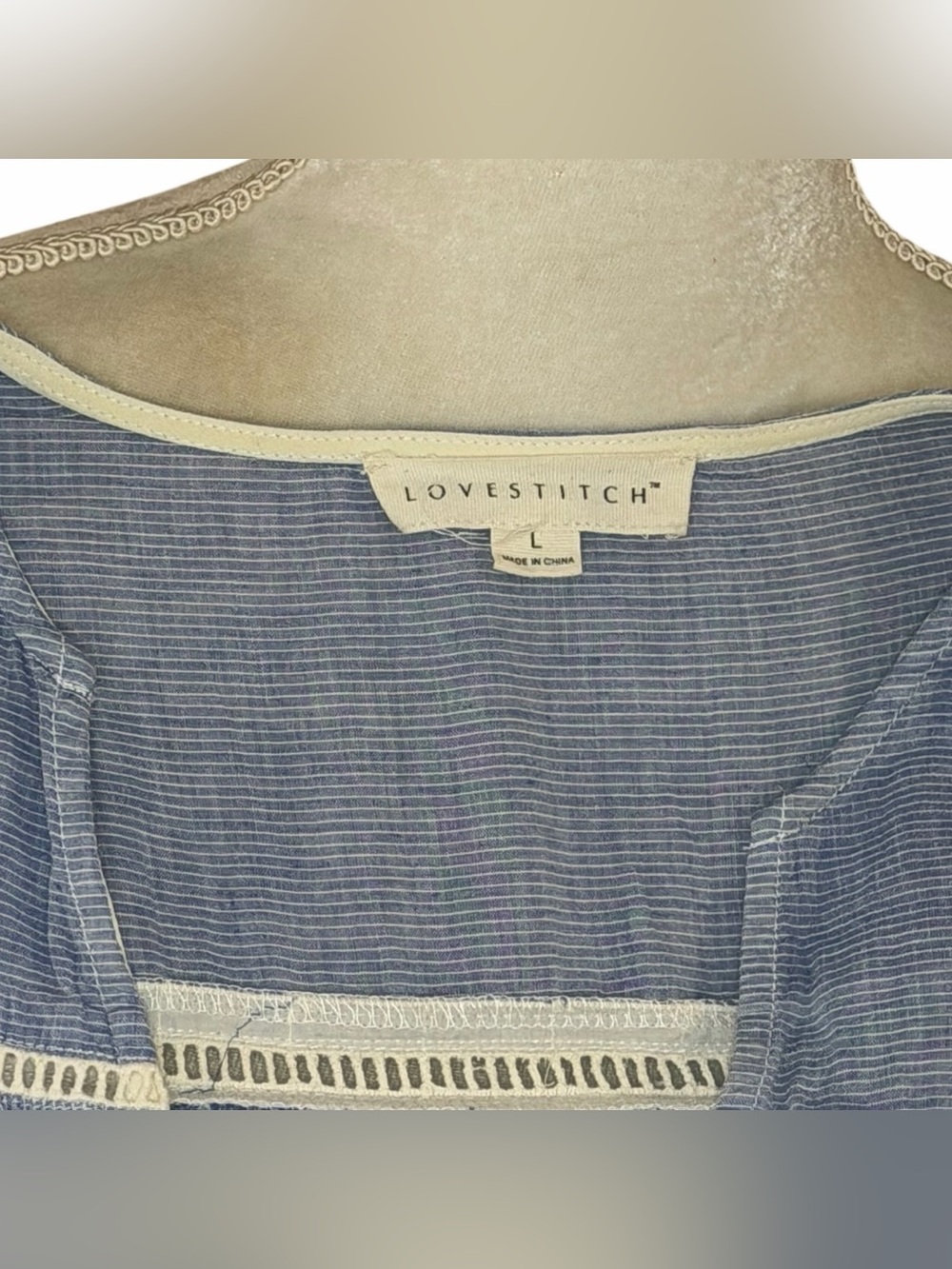LoveStitch Large Blue White Embroidered Eyelet Boho Peasant Tunic Blouse - Picture 7 of 8